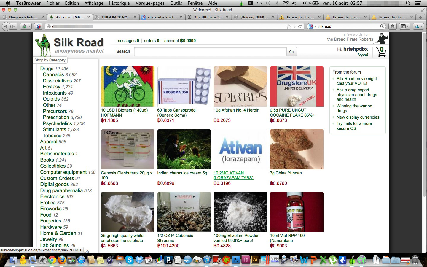 Screen capture of the DarkNet - Silk Road 