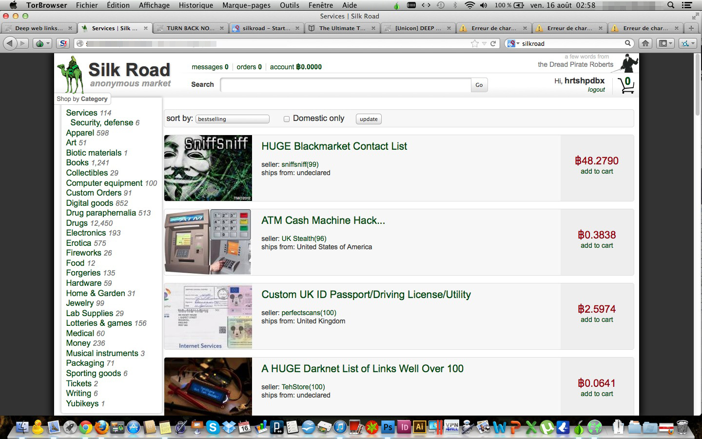 Screen capture of the DarkNet - Silk Road 