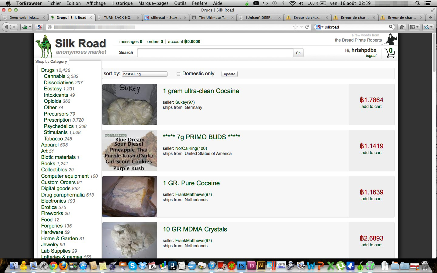 Screen capture of the DarkNet - Silk Road 